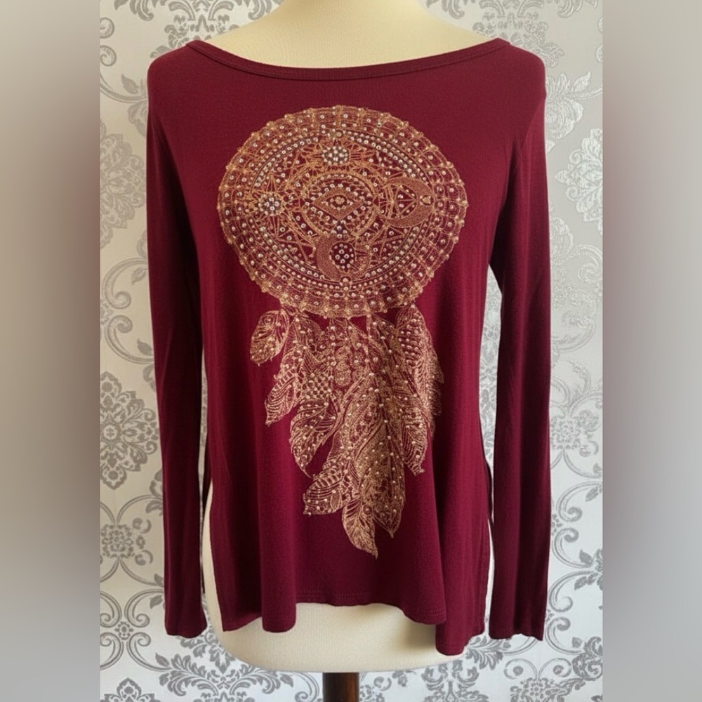 Charlotte Russe Y2K Embellished Burgundy Boho Dreamcatcher Top Size Small